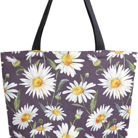 Vintage Daisy Flowers Pattern Extra Large Canvas Shoulder Tote Top Storage Handl - Picture 1 of 7